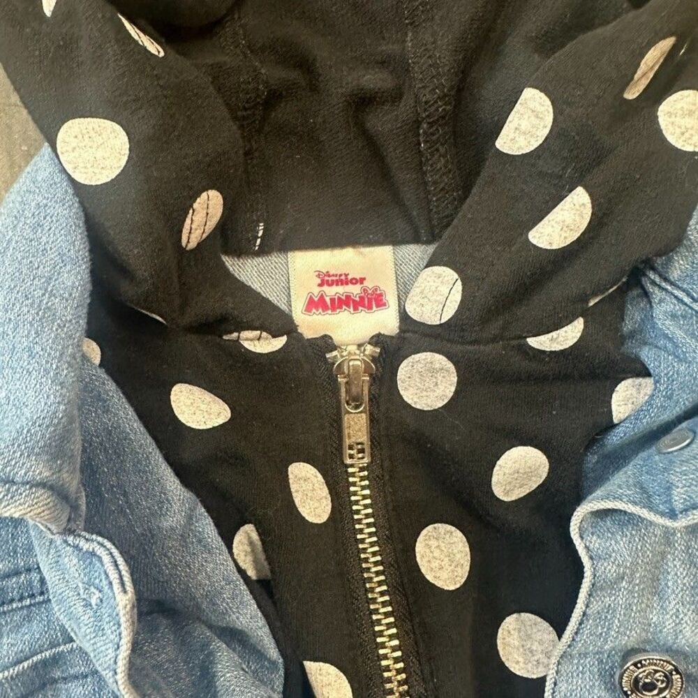 Disney Junior Minnie Mouse Girls Denim Jacket Jean Size 6 Polkadot Hooded Ears - Picture 3 of 4